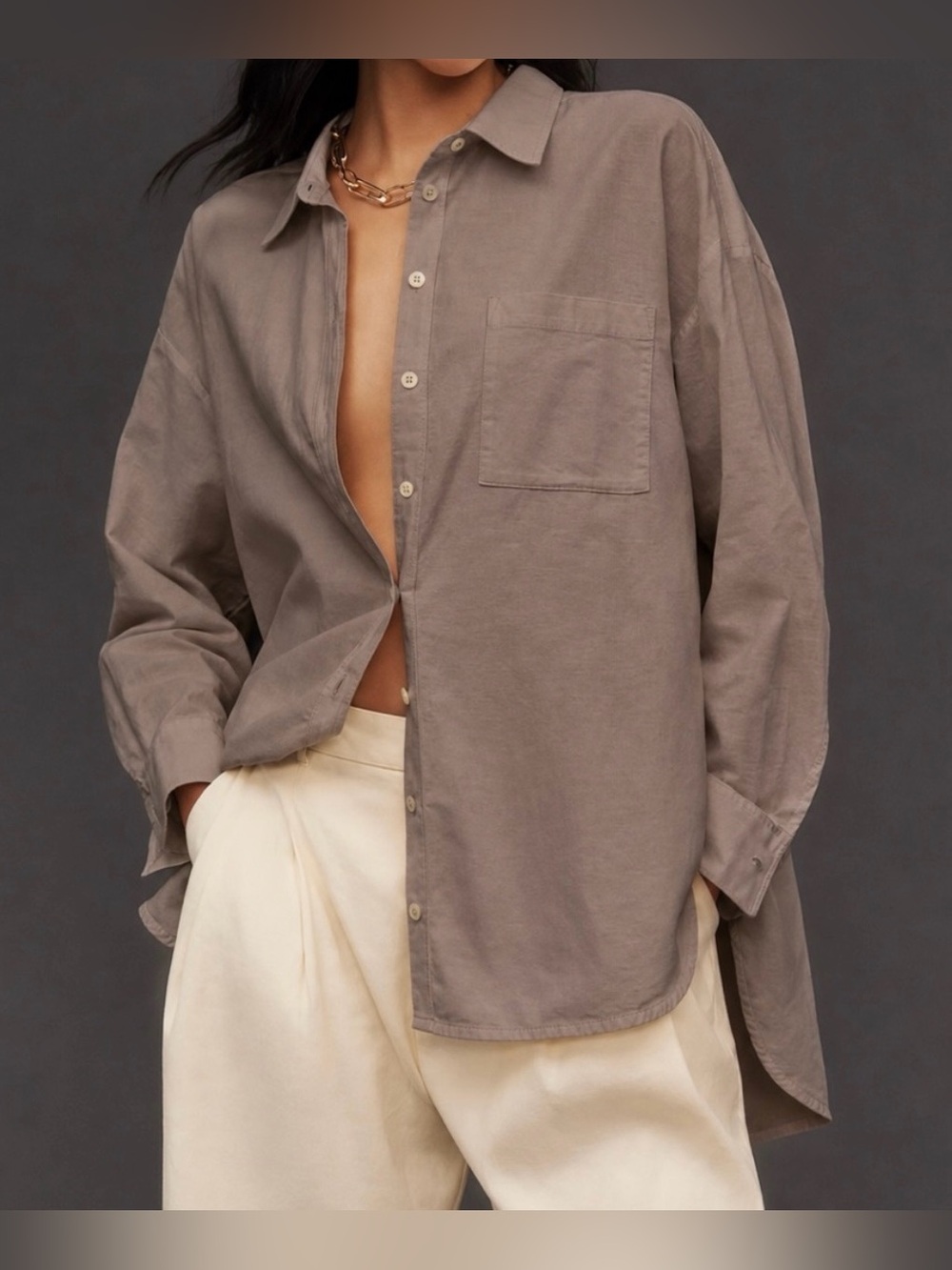 Maeve by Anthropologie Taupe Cotton & Linen Button-Down Blouse - Size M
